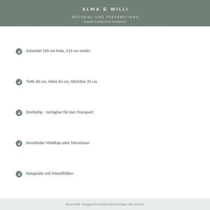 Alma & Willi Ecksofa 3-teilig ohne Armlehnen – Kunstleder oder Microfaser – Material und Verarbeitung