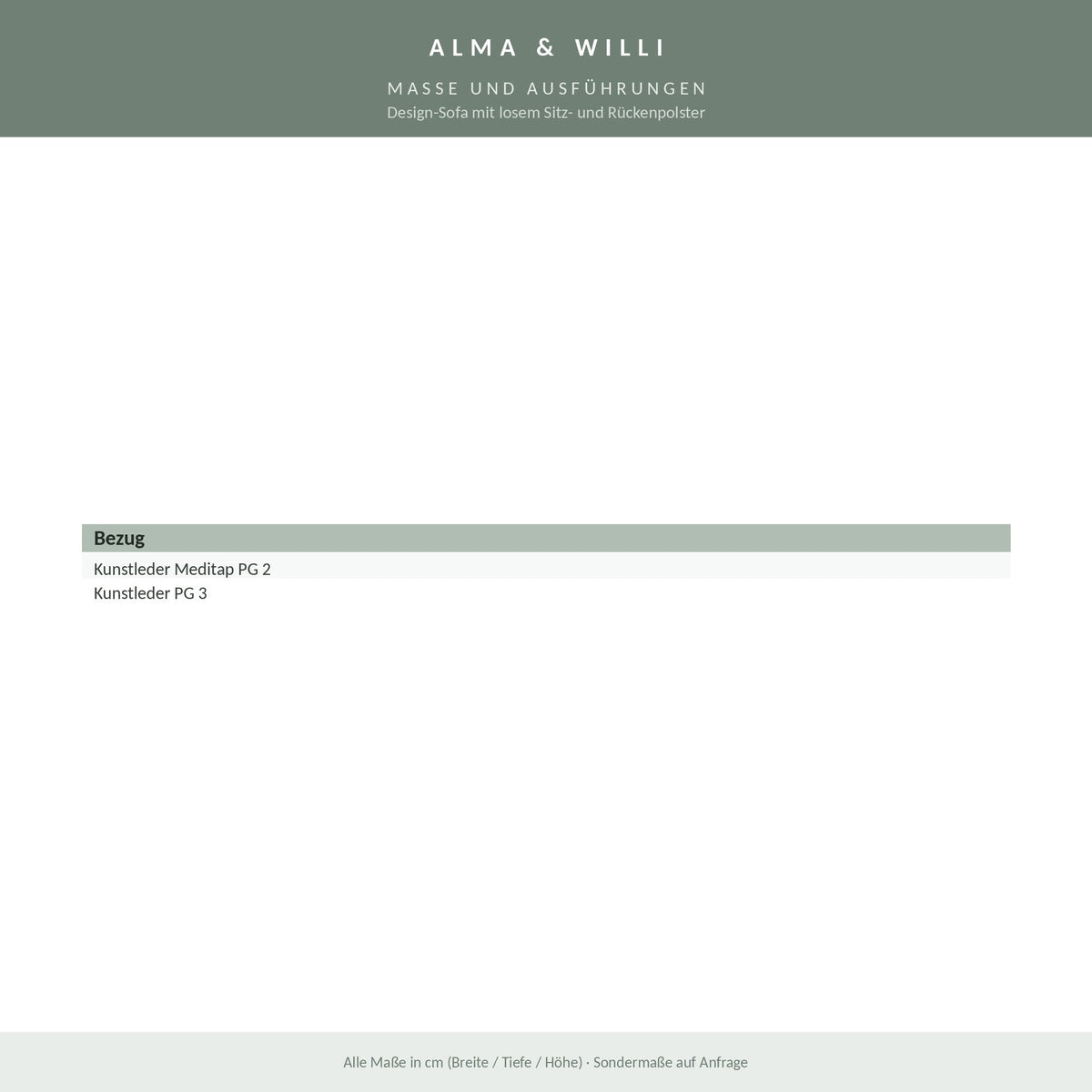 Alma & Willi Design-Sofa mit losem Sitz- und Rückenpolster – B 150 cm – Maße und Ausführungen