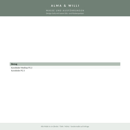 Alma & Willi Design-Sofa mit losem Sitz- und Rückenpolster – B 150 cm – Maße und Ausführungen