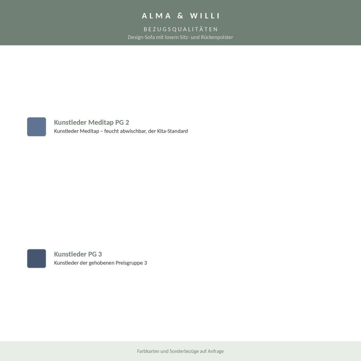Alma & Willi Design-Sofa mit losem Sitz- und Rückenpolster – B 150 cm – Bezugsqualitäten