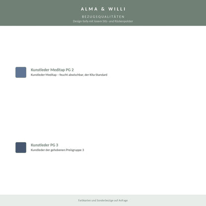 Alma & Willi Design-Sofa mit losem Sitz- und Rückenpolster – B 150 cm – Bezugsqualitäten