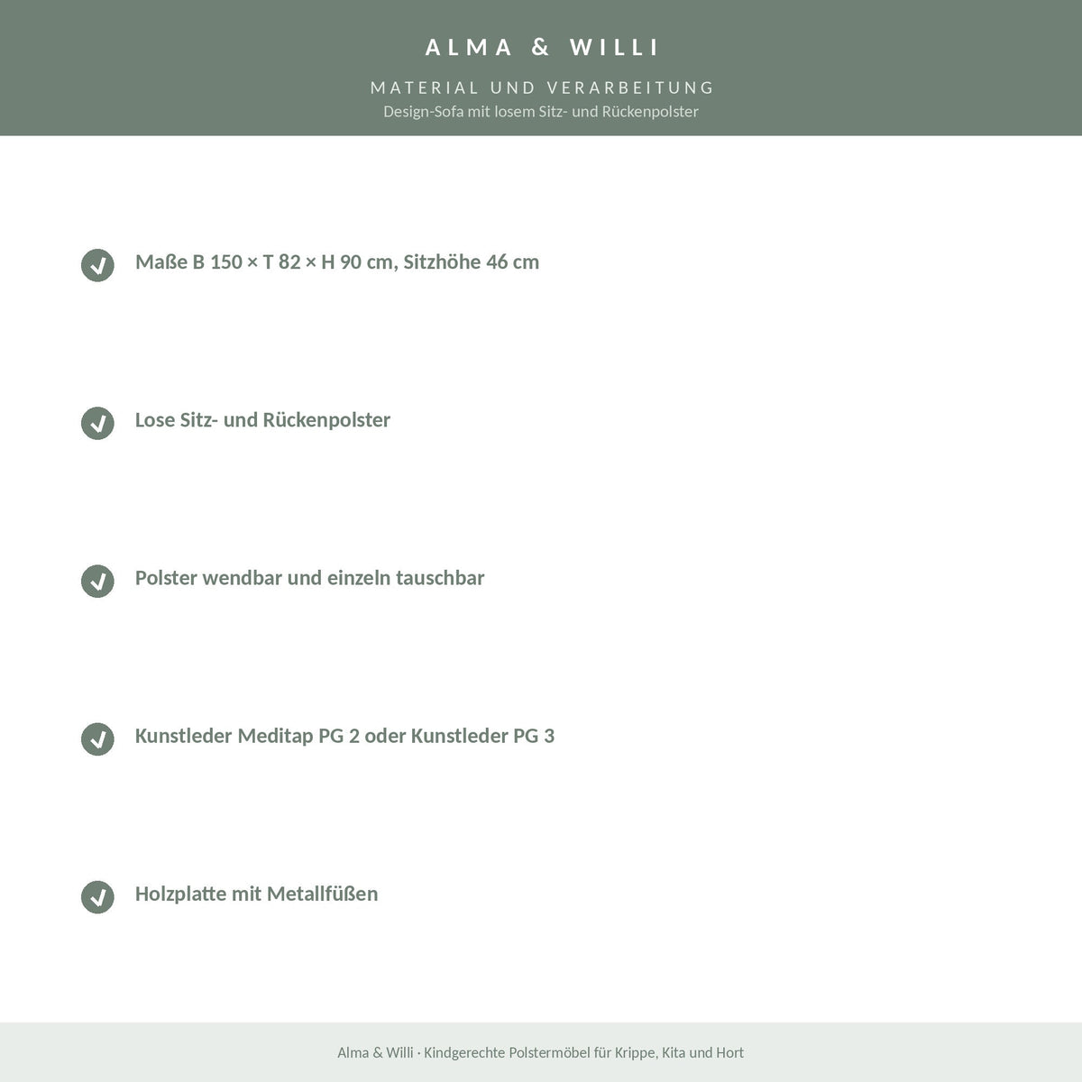 Alma & Willi Design-Sofa mit losem Sitz- und Rückenpolster – B 150 cm – Material und Verarbeitung