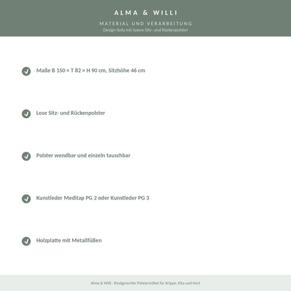 Alma & Willi Design-Sofa mit losem Sitz- und Rückenpolster – B 150 cm – Material und Verarbeitung