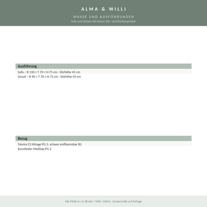 Alma & Willi Sofa und Sessel mit losem Sitz- und Rückenpolster – Trevira CS oder Kunstleder – Maße und Ausführungen