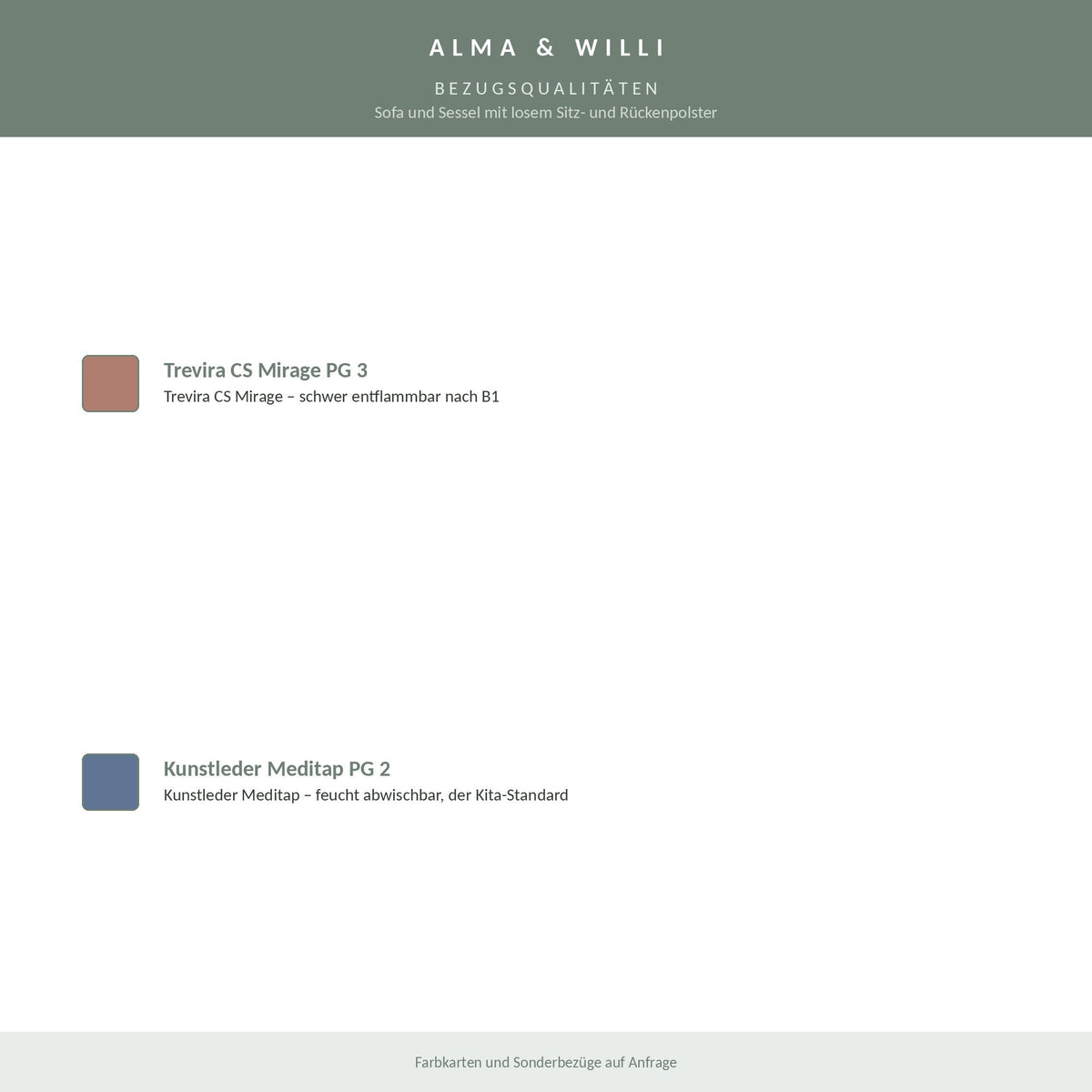 Alma & Willi Sofa und Sessel mit losem Sitz- und Rückenpolster – Trevira CS oder Kunstleder – Bezugsqualitäten