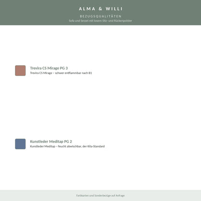Alma & Willi Sofa und Sessel mit losem Sitz- und Rückenpolster – Trevira CS oder Kunstleder – Bezugsqualitäten