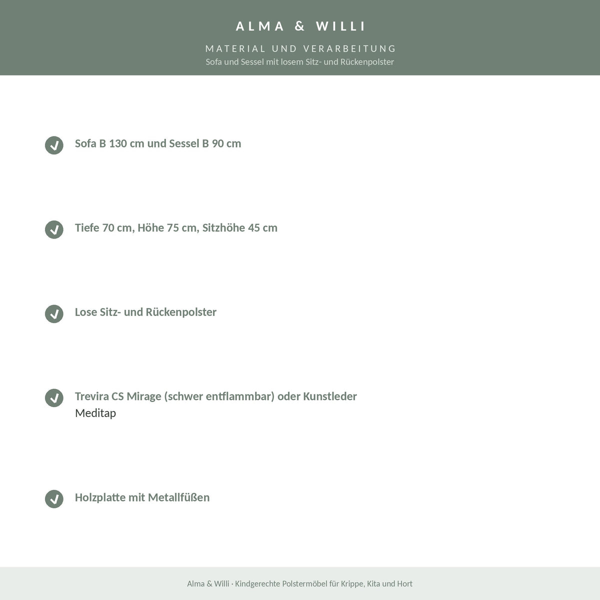 Alma & Willi Sofa und Sessel mit losem Sitz- und Rückenpolster – Trevira CS oder Kunstleder – Material und Verarbeitung