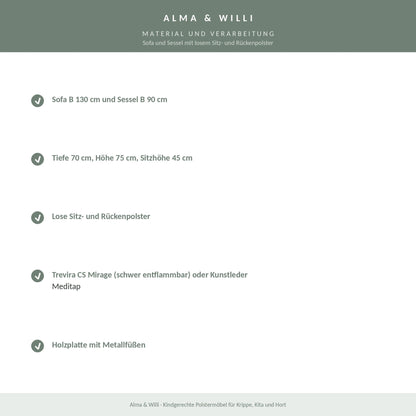 Alma & Willi Sofa und Sessel mit losem Sitz- und Rückenpolster – Trevira CS oder Kunstleder – Material und Verarbeitung