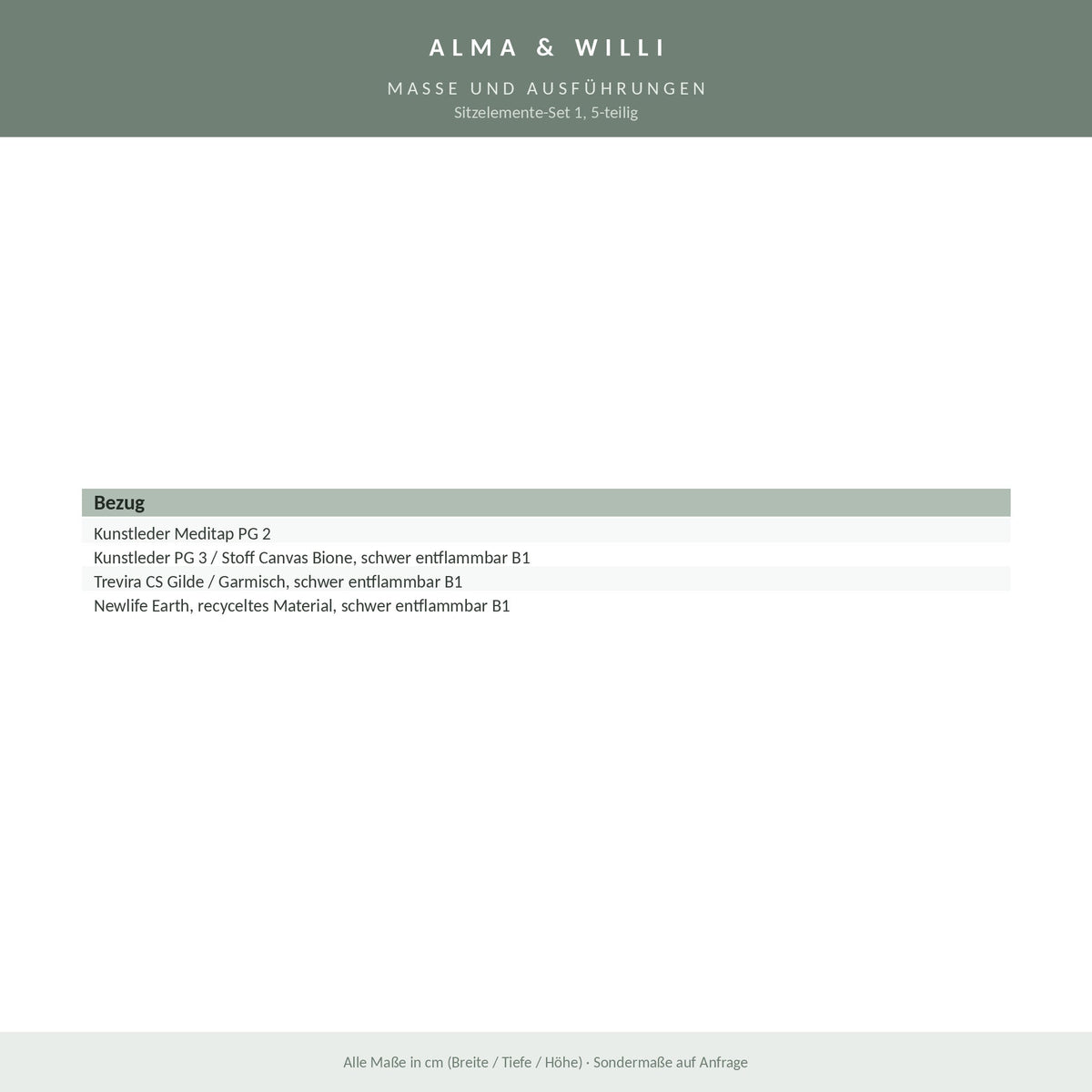 Alma & Willi Sitzelemente-Set 1, 5-teilig – Eck-Sofa, Sofas und Hocker – Maße und Ausführungen