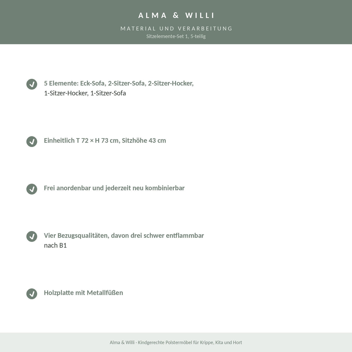 Alma & Willi Sitzelemente-Set 1, 5-teilig – Eck-Sofa, Sofas und Hocker – Material und Verarbeitung