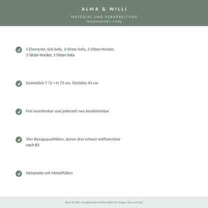 Alma & Willi Sitzelemente-Set 1, 5-teilig – Eck-Sofa, Sofas und Hocker – Material und Verarbeitung