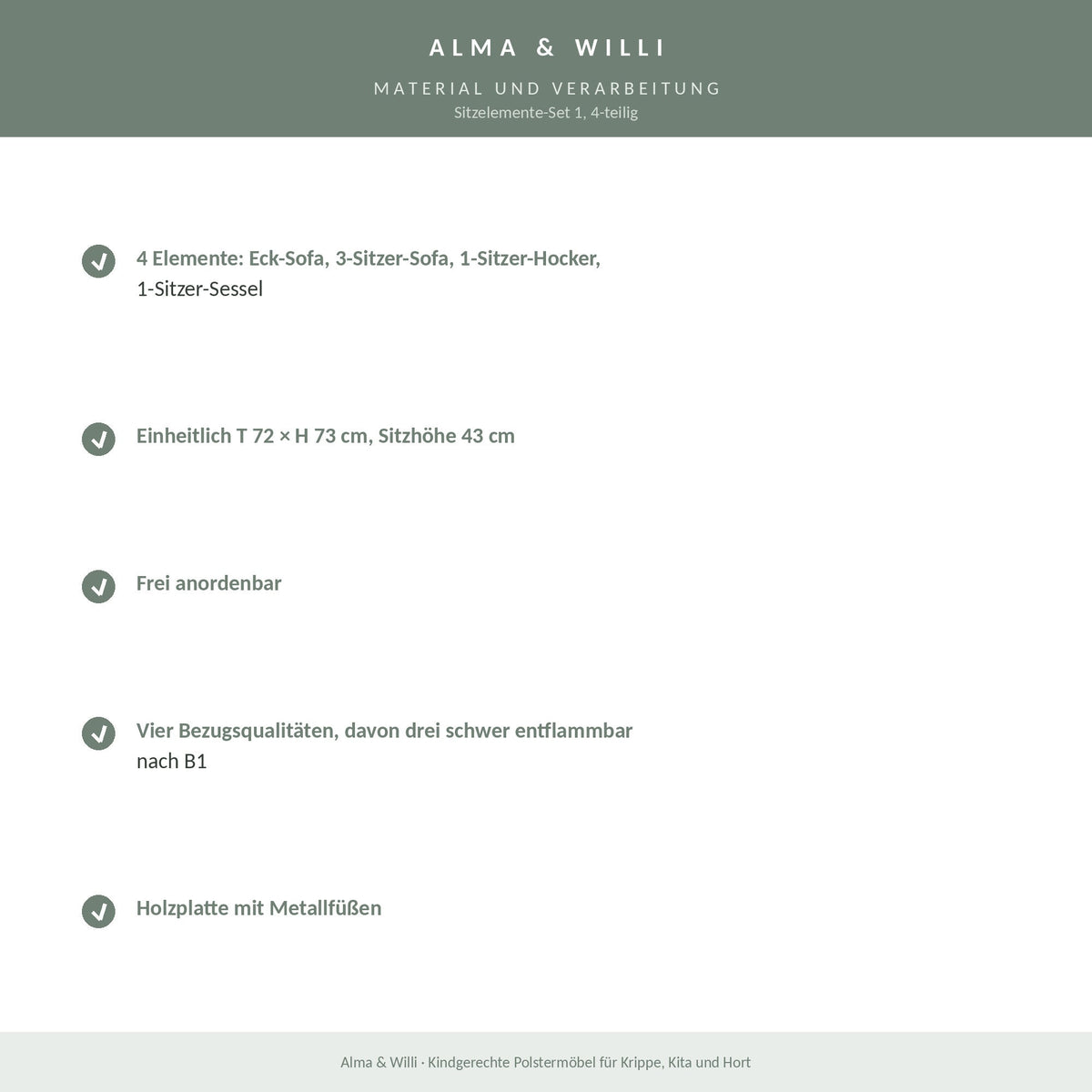 Alma & Willi Sitzelemente-Set 1, 4-teilig – Eck-Sofa, 3-Sitzer, Hocker und Sessel – Material und Verarbeitung