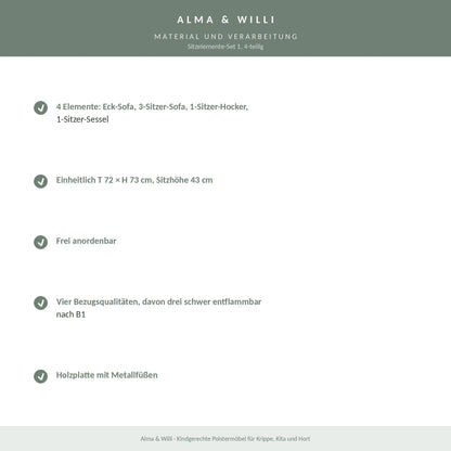 Alma & Willi Sitzelemente-Set 1, 4-teilig – Eck-Sofa, 3-Sitzer, Hocker und Sessel – Material und Verarbeitung