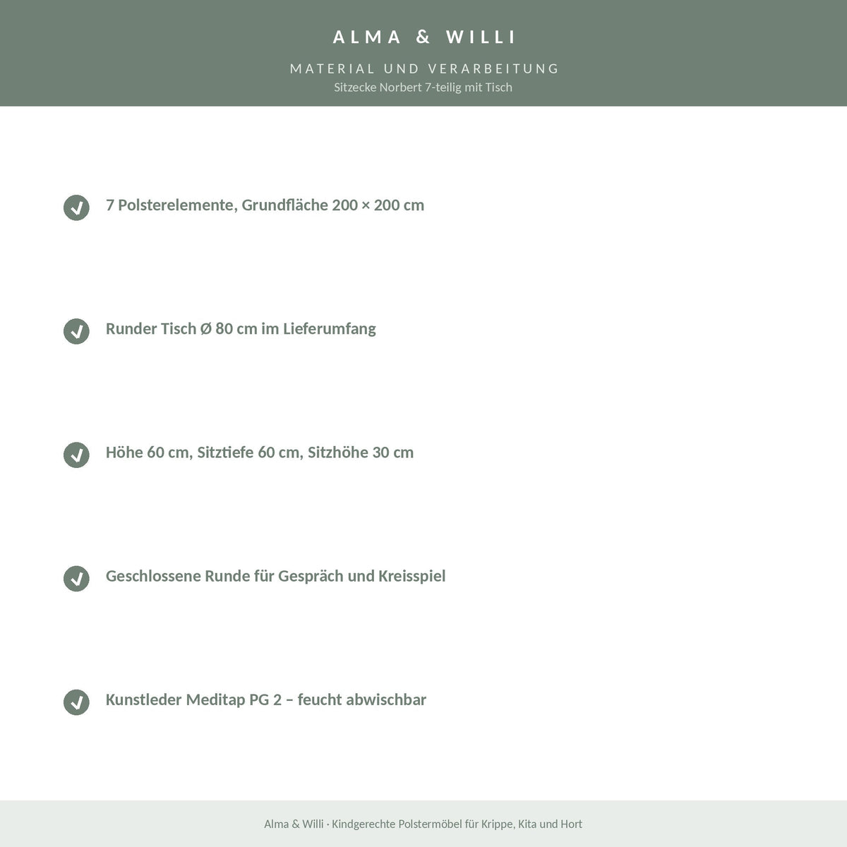 Alma & Willi Sitzecke Norbert 7-teilig mit Tisch – 200 × 200 cm, Kunstleder Meditap – Material und Verarbeitung