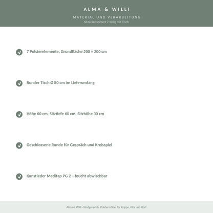 Alma & Willi Sitzecke Norbert 7-teilig mit Tisch – 200 × 200 cm, Kunstleder Meditap – Material und Verarbeitung