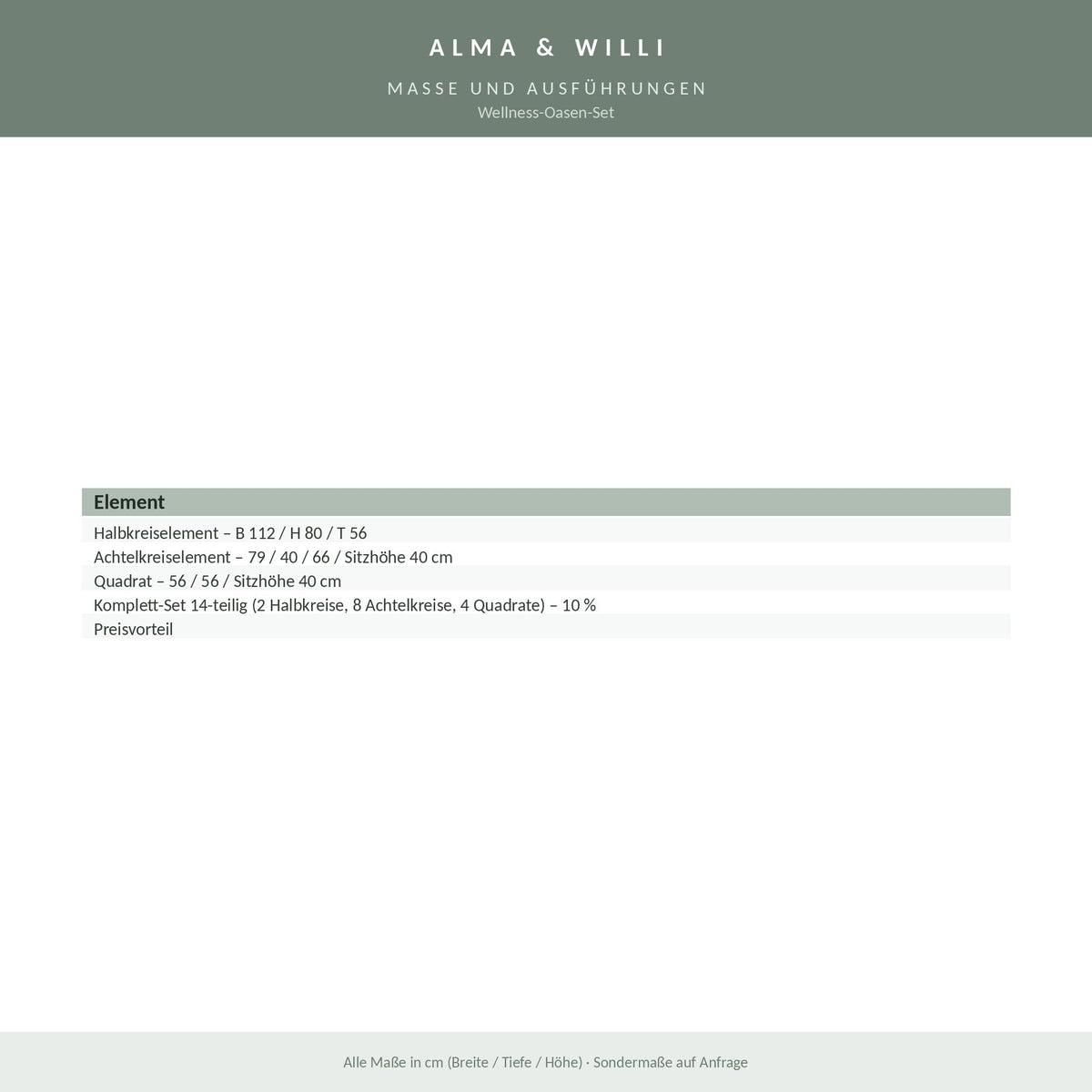 Alma & Willi Wellness-Oasen-Set – Halbkreis-, Achtelkreis- und Quadratelemente – Maße und Ausführungen