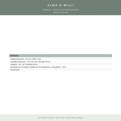 Alma & Willi Wellness-Oasen-Set – Halbkreis-, Achtelkreis- und Quadratelemente – Maße und Ausführungen