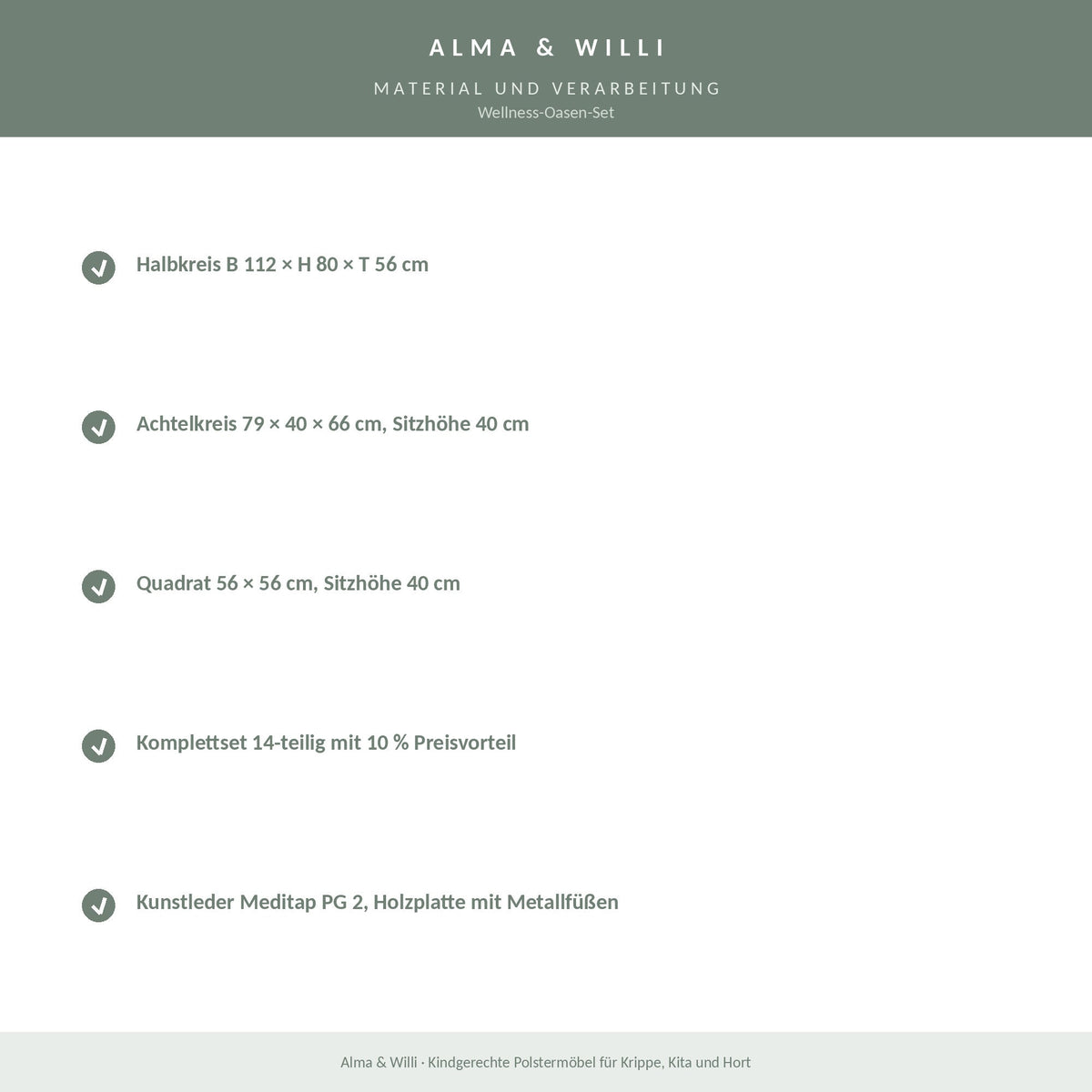 Alma & Willi Wellness-Oasen-Set – Halbkreis-, Achtelkreis- und Quadratelemente – Material und Verarbeitung