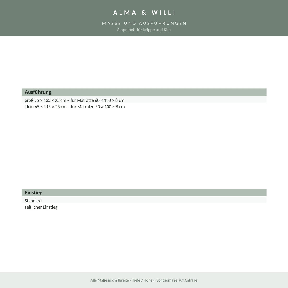 Alma & Willi Stapelbett für Krippe und Kita – Kunstleder, mit Bodenplane – Maße und Ausführungen