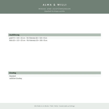 Alma & Willi Stapelbett für Krippe und Kita – Kunstleder, mit Bodenplane – Maße und Ausführungen