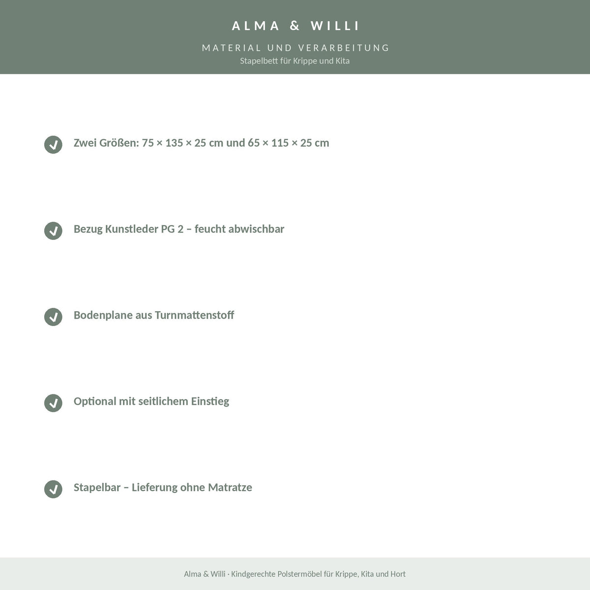 Alma & Willi Stapelbett für Krippe und Kita – Kunstleder, mit Bodenplane – Material und Verarbeitung