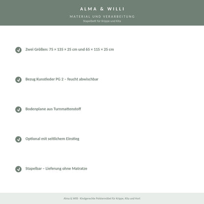 Alma & Willi Stapelbett für Krippe und Kita – Kunstleder, mit Bodenplane – Material und Verarbeitung
