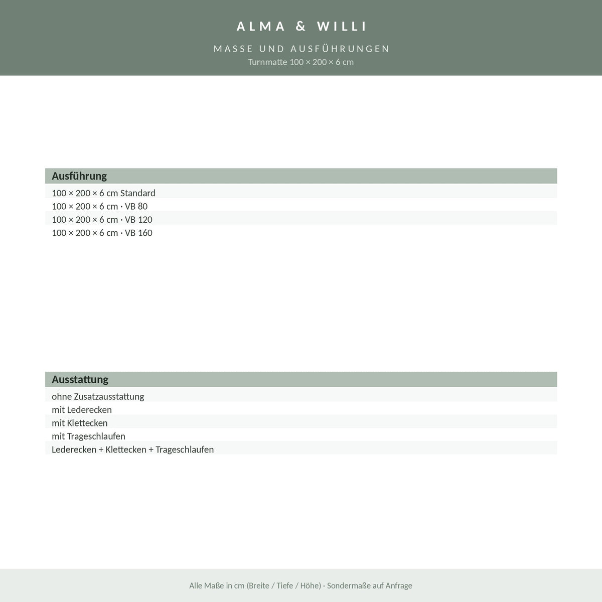 Alma & Willi Turnmatte 100 × 200 × 6 cm – Turnmattenstoff blau, rutschfest – Maße und Ausführungen