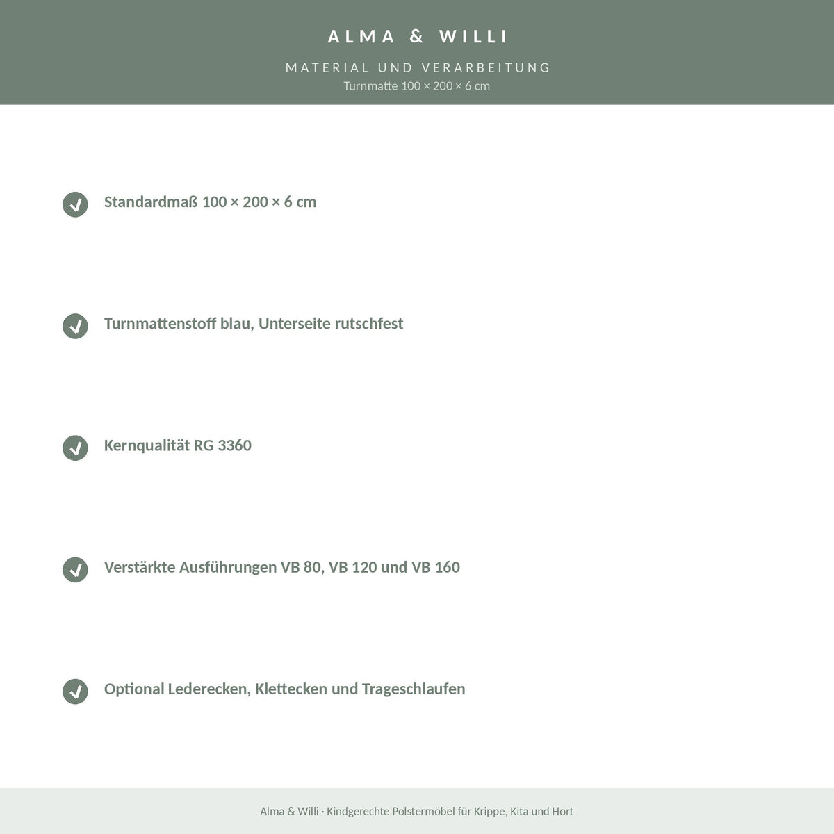 Alma & Willi Turnmatte 100 × 200 × 6 cm – Turnmattenstoff blau, rutschfest – Material und Verarbeitung