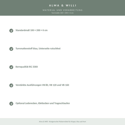 Alma & Willi Turnmatte 100 × 200 × 6 cm – Turnmattenstoff blau, rutschfest – Material und Verarbeitung