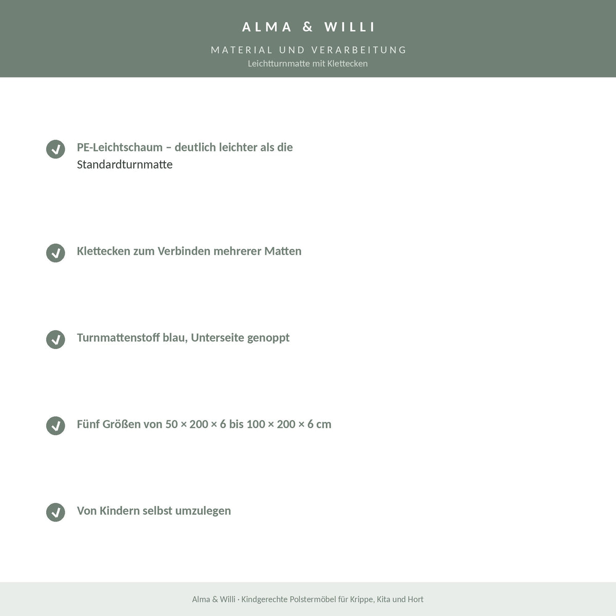 Alma & Willi Leichtturnmatte mit Klettecken – PE-Leichtschaum, fünf Größen – Material und Verarbeitung