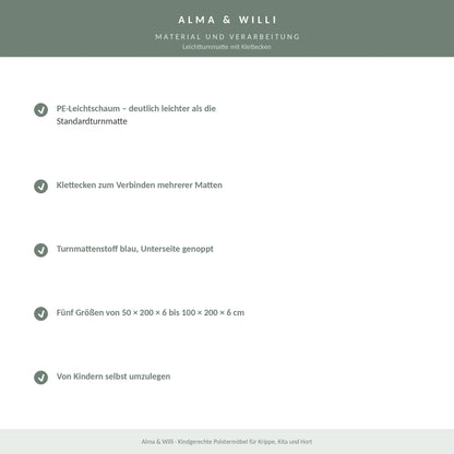 Alma & Willi Leichtturnmatte mit Klettecken – PE-Leichtschaum, fünf Größen – Material und Verarbeitung