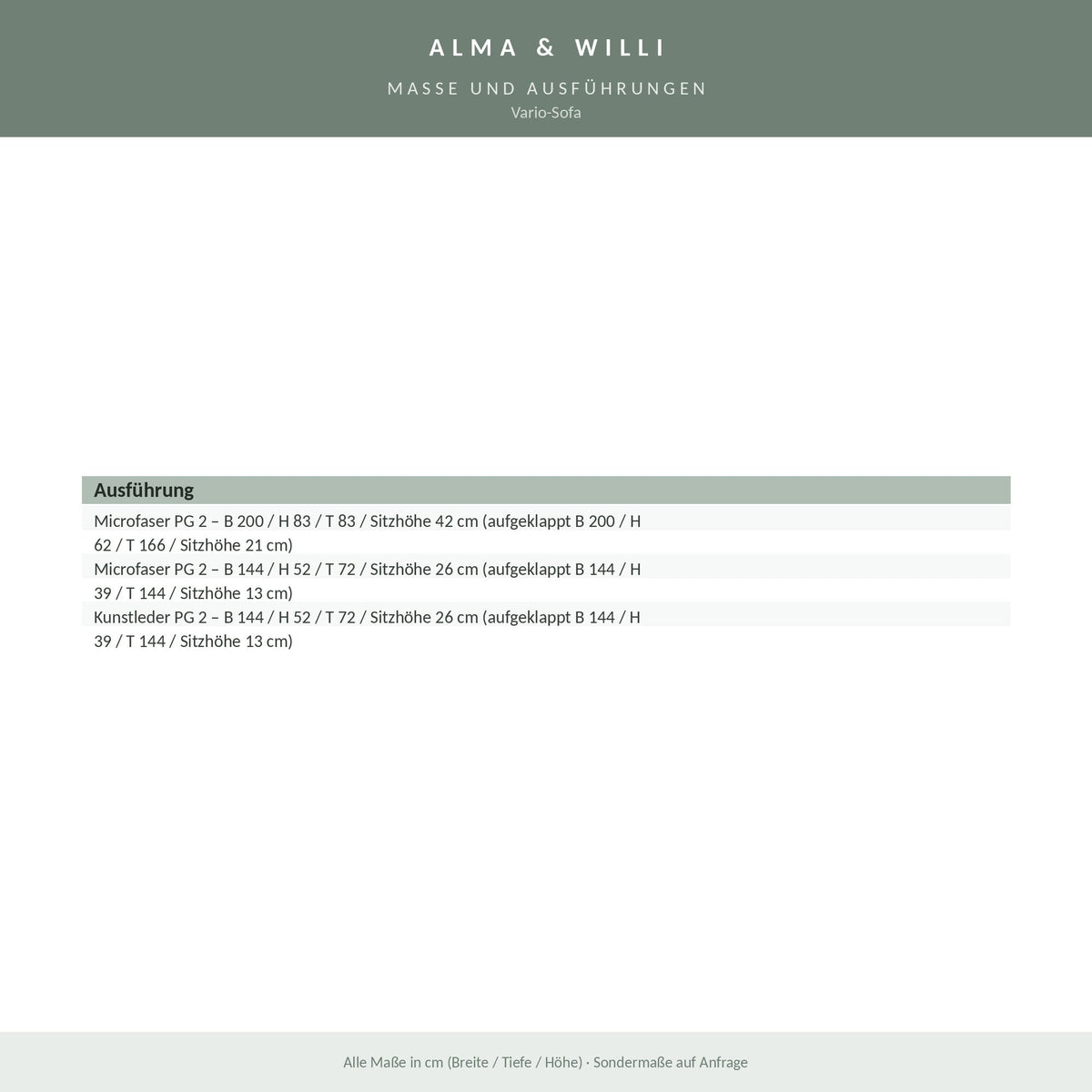 Alma & Willi Vario-Sofa – Verwandlungssofa mit zwei Hockern, aufklappbar zum Spielbett – Maße und Ausführungen
