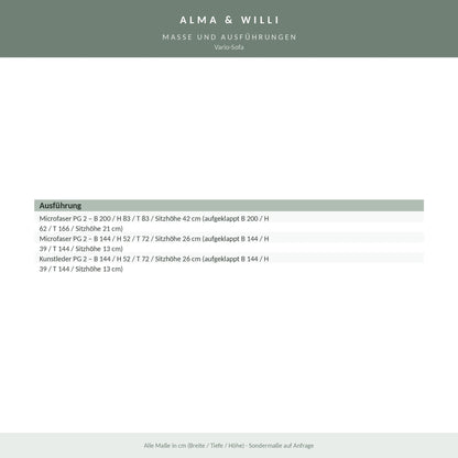 Alma & Willi Vario-Sofa – Verwandlungssofa mit zwei Hockern, aufklappbar zum Spielbett – Maße und Ausführungen