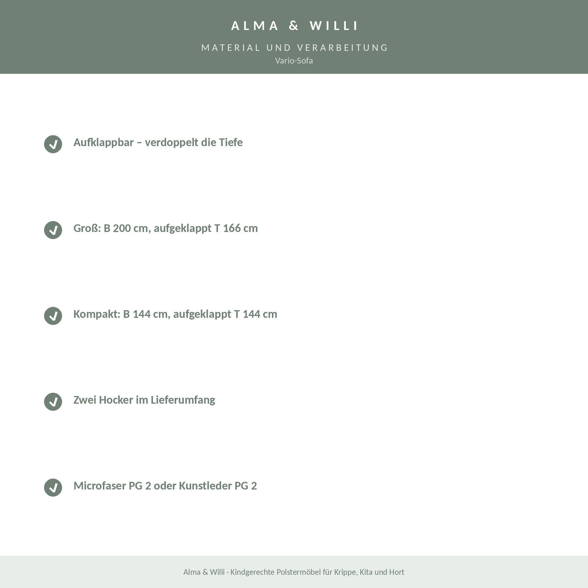 Alma & Willi Vario-Sofa – Verwandlungssofa mit zwei Hockern, aufklappbar zum Spielbett – Material und Verarbeitung