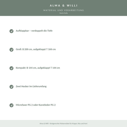 Alma & Willi Vario-Sofa – Verwandlungssofa mit zwei Hockern, aufklappbar zum Spielbett – Material und Verarbeitung