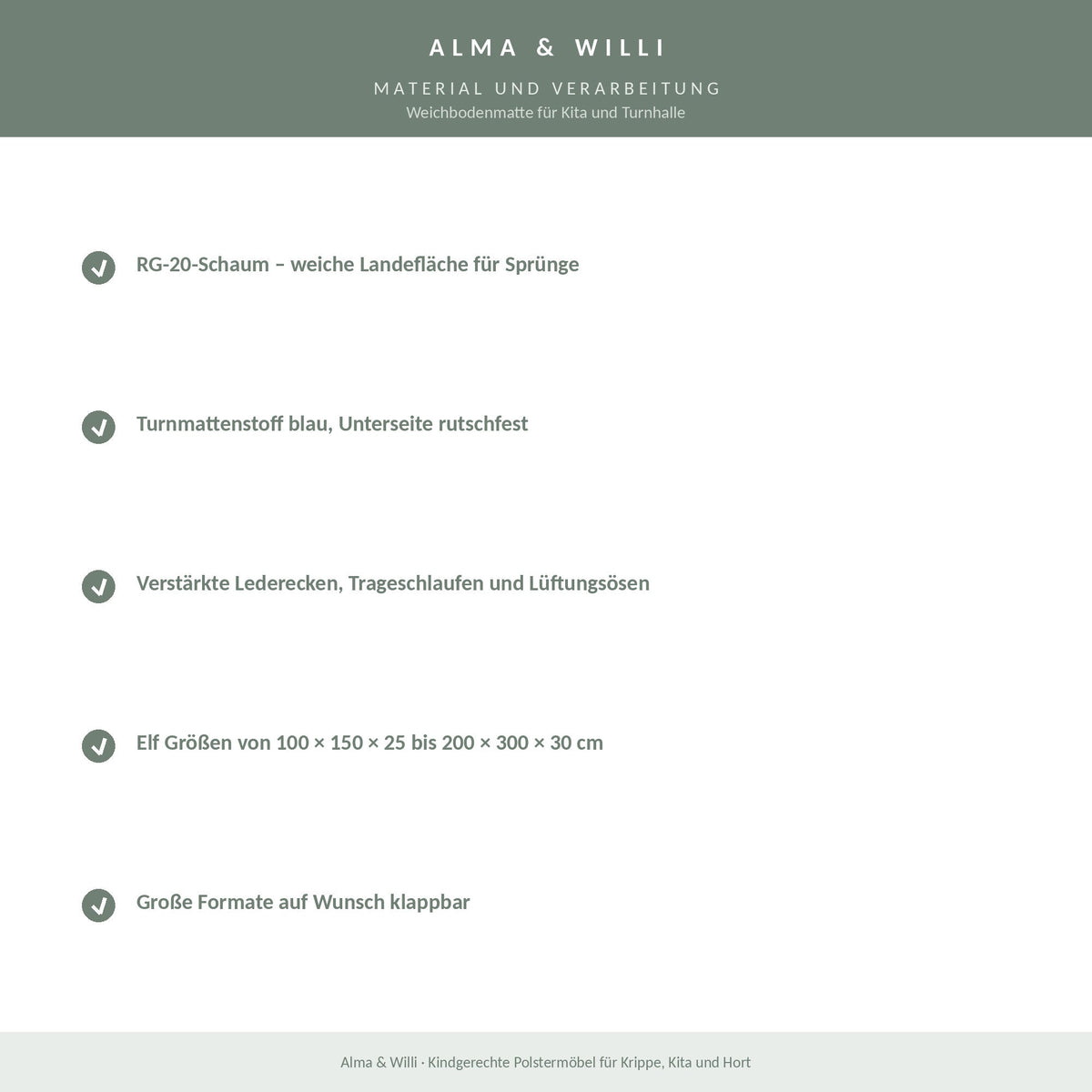 Alma & Willi Weichbodenmatte für Kita und Turnhalle – RG 20, mit Lederecken – Material und Verarbeitung