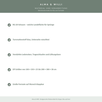 Alma & Willi Weichbodenmatte für Kita und Turnhalle – RG 20, mit Lederecken – Material und Verarbeitung