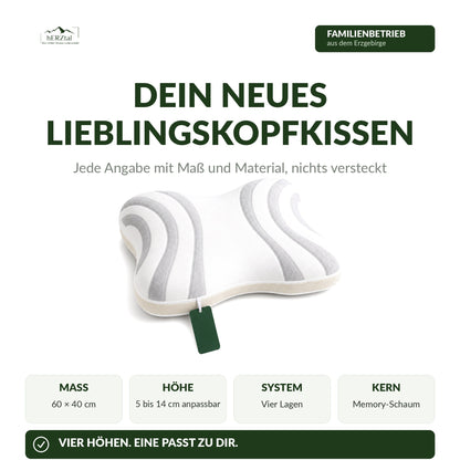 hERZtal Butterfly Nackenstützkissen: 60 × 40 cm, Höhe 5 bis 14 cm anpassbar, vier Lagen Memory-Schaum