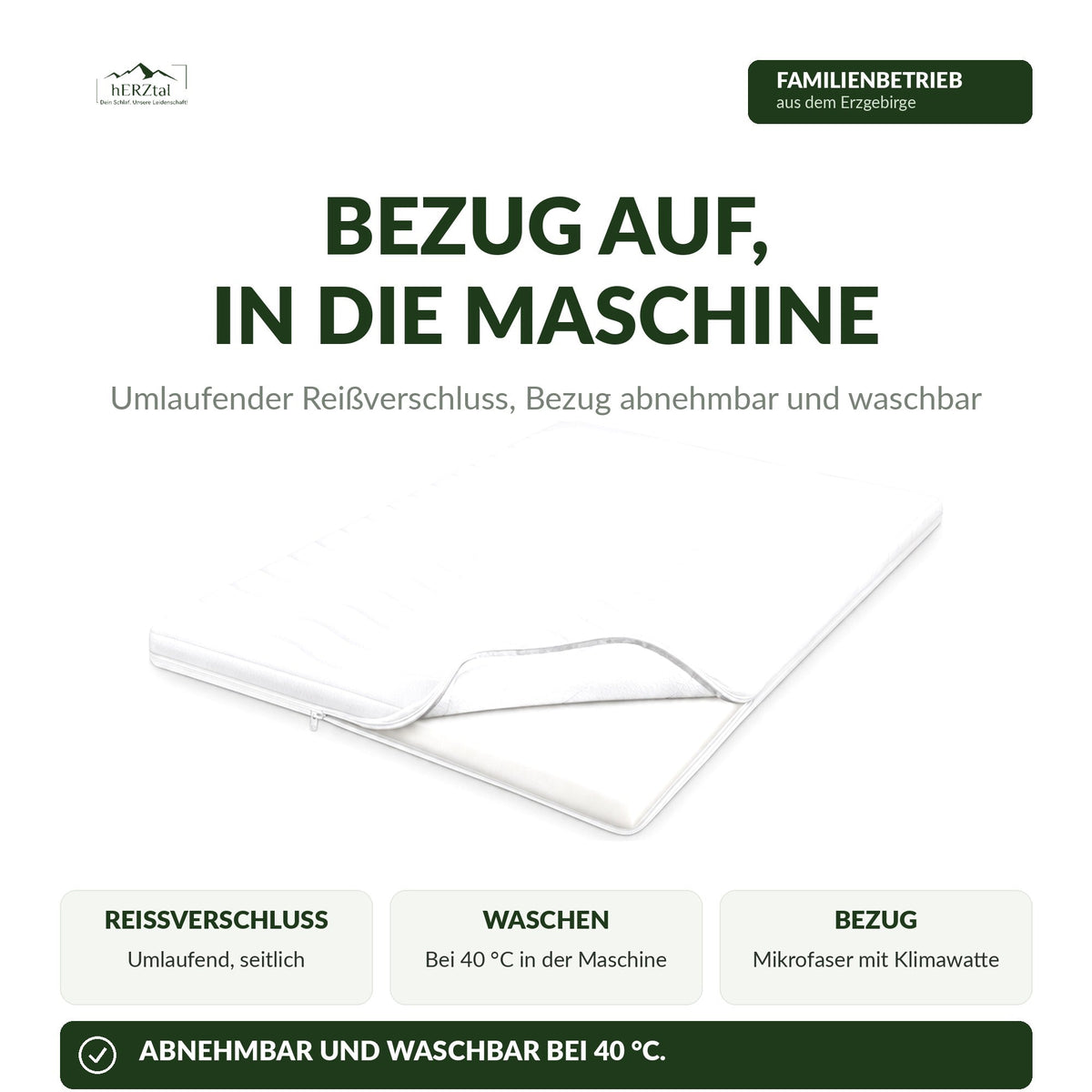 Bezug des hERZtal CloudTop Toppers mit umlaufendem Reißverschluss, abnehmbar und waschbar bei 40 °C