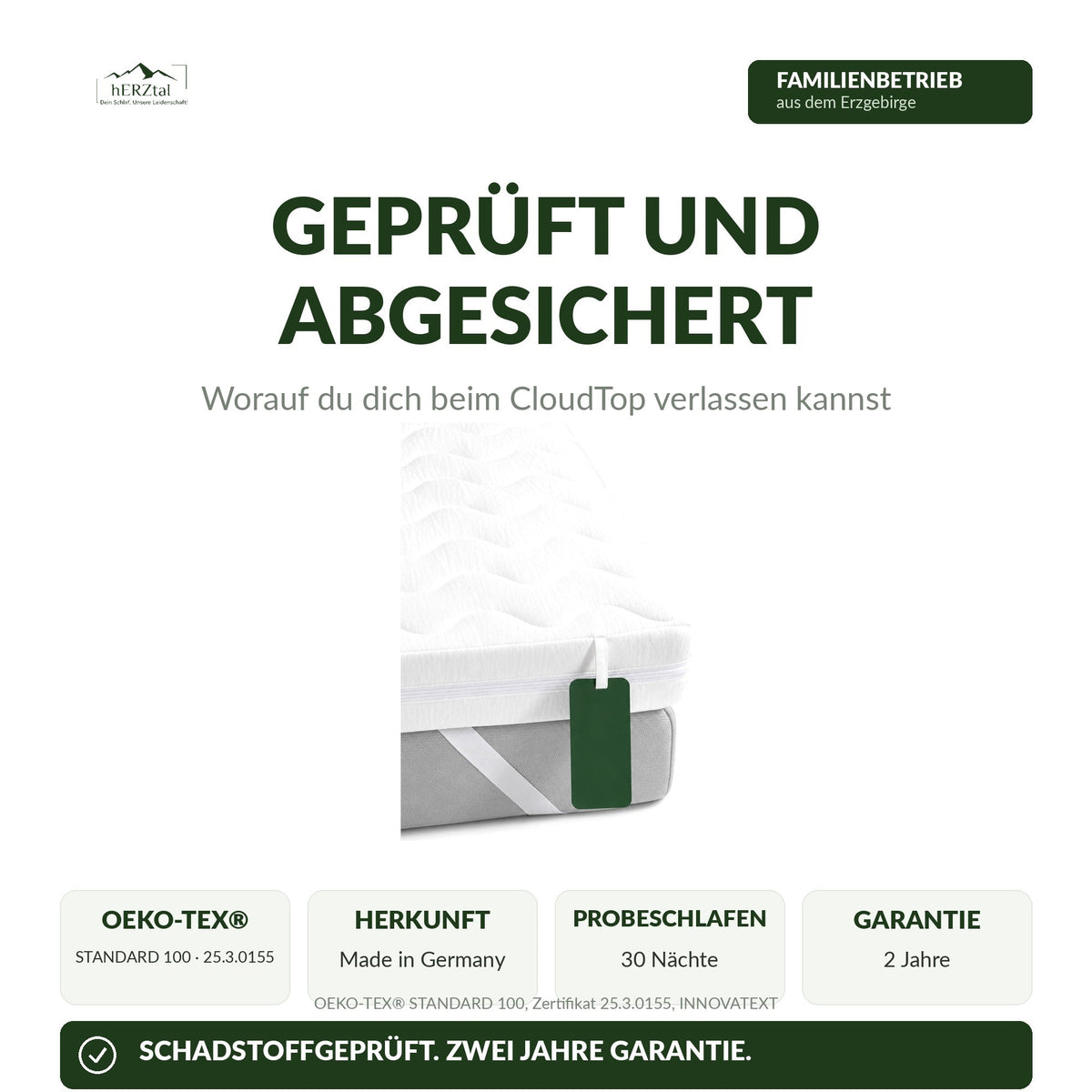 hERZtal CloudTop Topper: OEKO-TEX STANDARD 100 Zertifikat 25.3.0155, Made in Germany, 30 Nächte Probeschlafen, 2 Jahre Garantie
