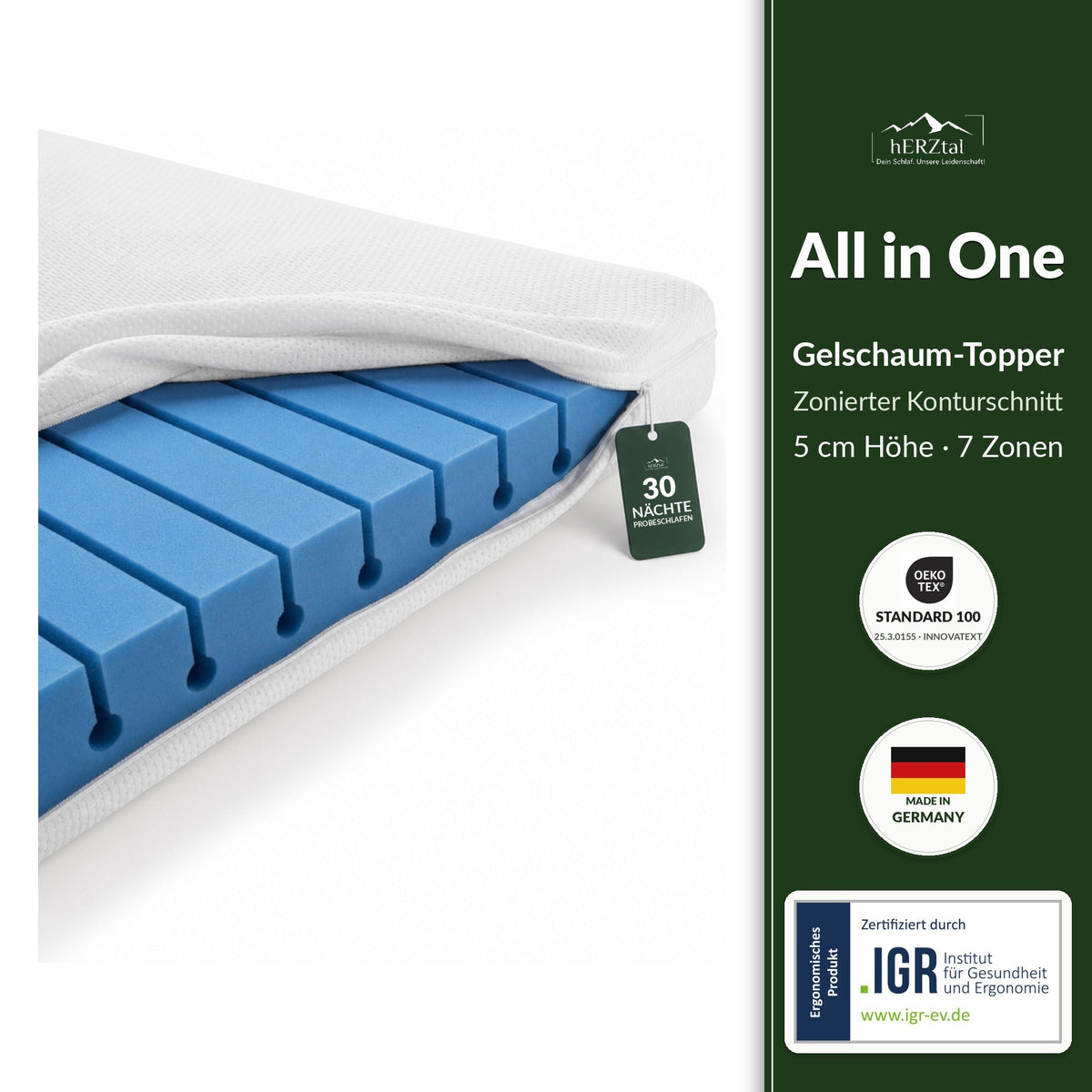 hERZtal All in One Gelschaum-Topper 5 cm – zonierter Konturschnitt, 7 Zonen
