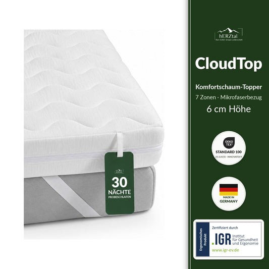 hERZtal CloudTop Komfortschaum-Topper 6 cm – 7 Zonen, Mikrofaserbezug, IGR-geprüft
