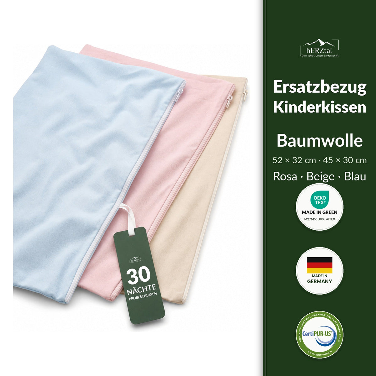 hERZtal Ersatzbezug für das Kinder- und Babykissen – Baumwolle in drei Farben