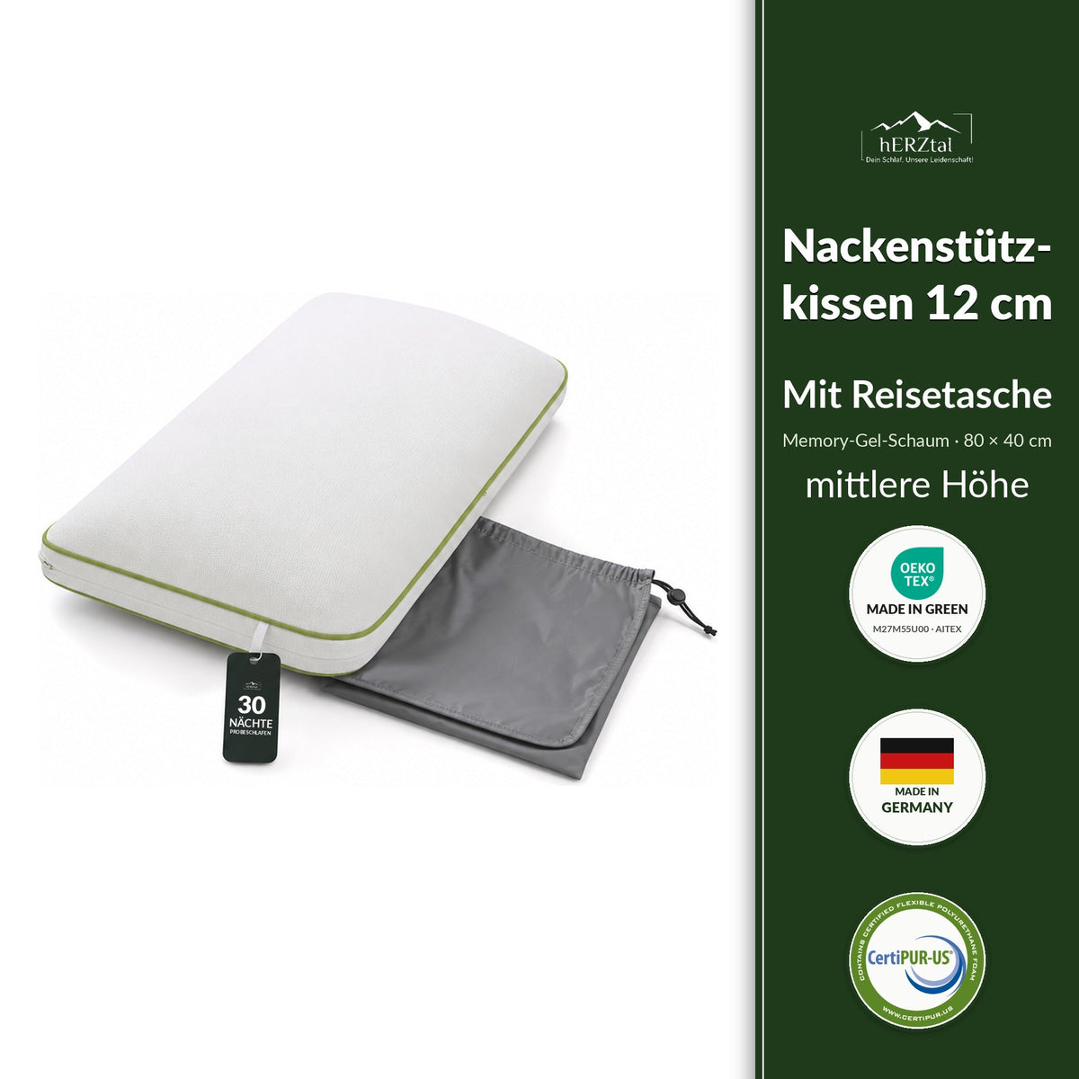 hERZtal Nackenstützkissen 12 cm mit Reisetasche