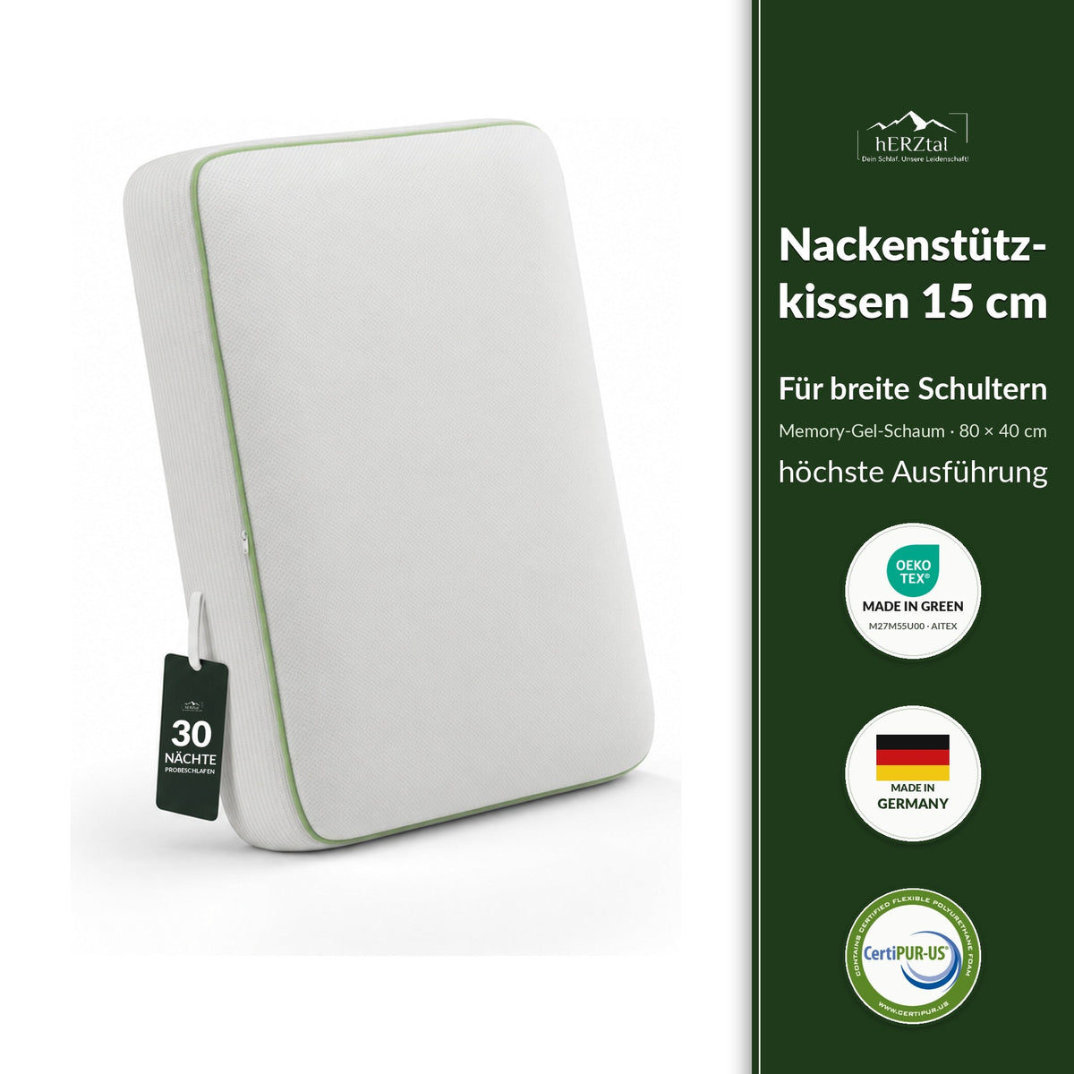 hERZtal Nackenstützkissen 15 cm – höchste Ausführung für breite Schultern
