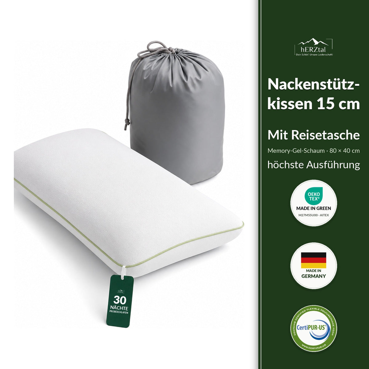 hERZtal Nackenstützkissen 15 cm mit Reisetasche