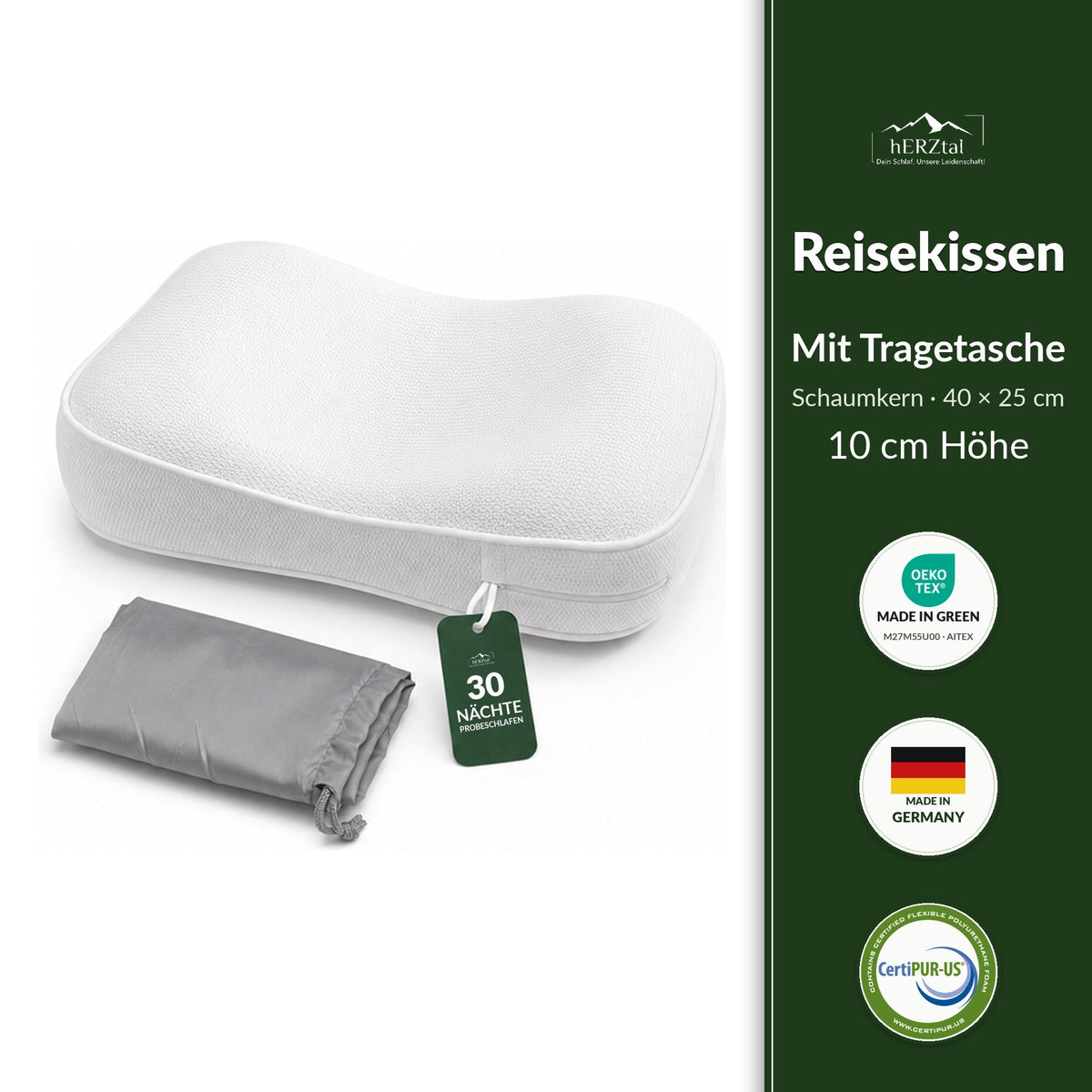 hERZtal Reisekissen 10 cm – Schaumkern mit Tragetasche