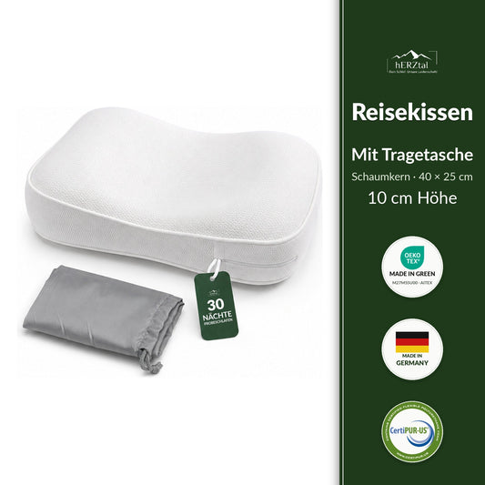 hERZtal Reisekissen 10 cm – Schaumkern mit Tragetasche