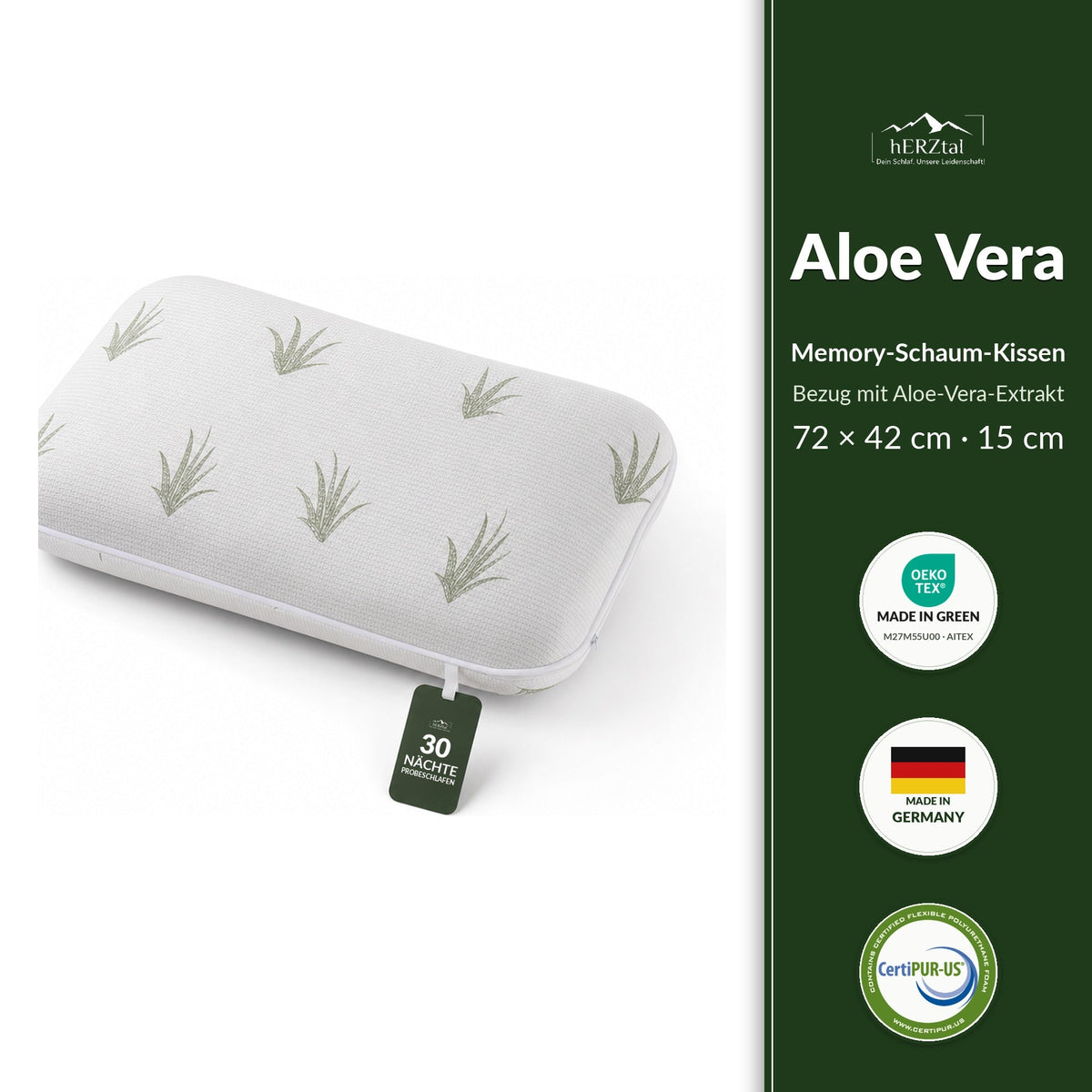 hERZtal Aloe Vera Memory-Schaum Kissen 15 cm – Bezug mit Aloe-Vera-Extrakt