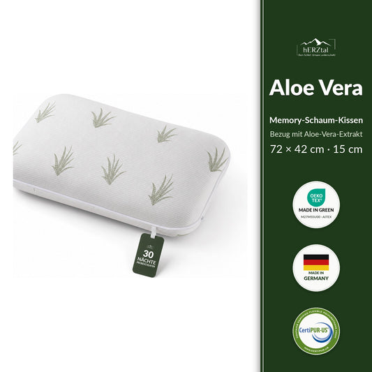 hERZtal Aloe Vera Memory-Schaum Kissen 15 cm – Bezug mit Aloe-Vera-Extrakt
